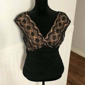 Adrianna Papell Evening Essnetials Black Top with Lace Overlay on Bodice. Size S